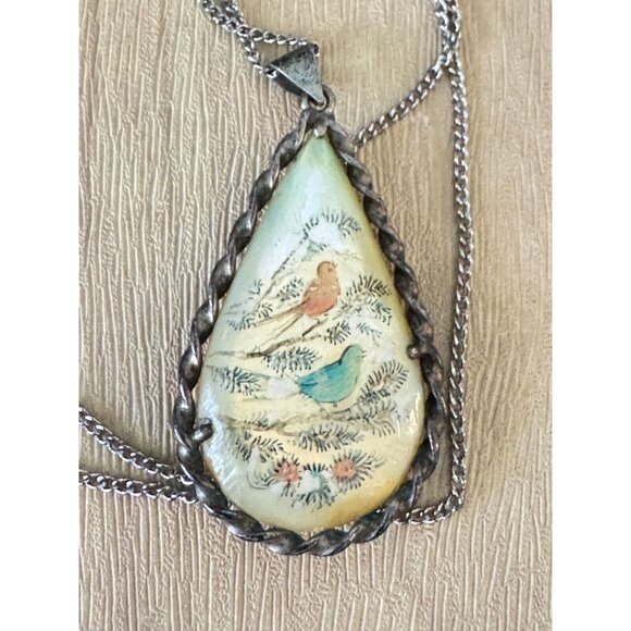 Vintage Persian Hand-Painted Teardrop Pendant Necklace W/ Horse & Bird Design Mo - Picture 4 of 6